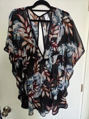 NWOT KONA SOL Tropical Leaf Print Semi-Sheer Kaftan Tunic Swim Cover-Up Size XL